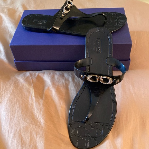 Coach Black Logo Crystal Logo Jelly Flip Flops - Picture 4 of 16